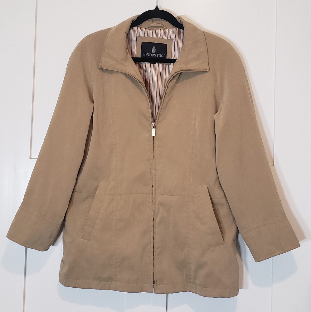 London Fog Suede Vintage Women's Tan Full Zip Mock Neck Jacket Pockets Sz Small